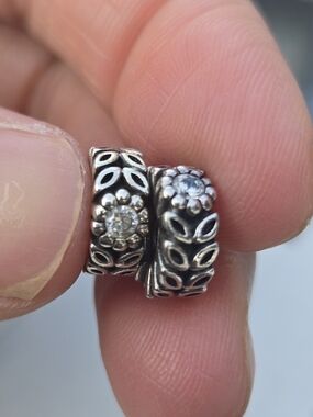 Pandora Silver Floral Spacer Beads with Clear Stones - Silver